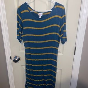 Lularoe womens 2XL blue gold striped short sleeve dress.